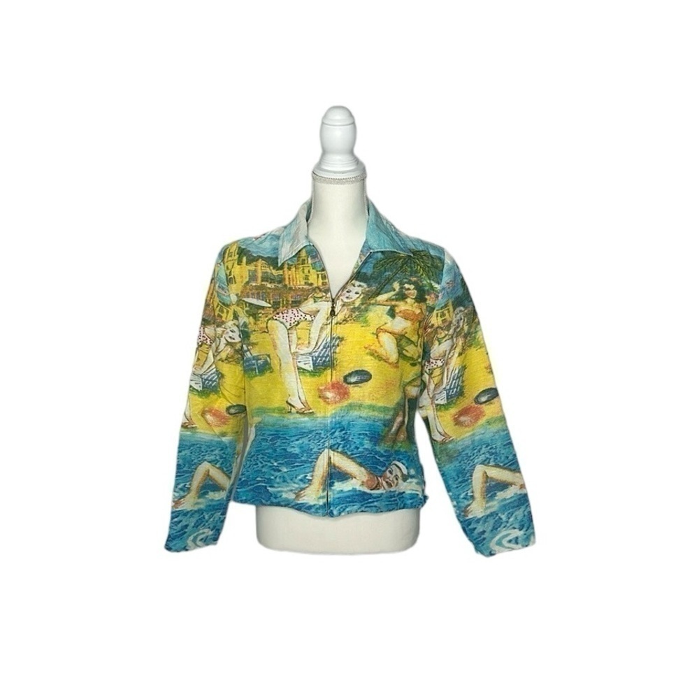 Vintage Patchington Silk Zip Up Jacket Beaded Beach Resort Swimmer size Small
